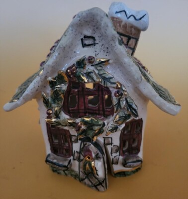 Blue Sky Clayworks Hand Painted & Signed Holly Berry Cottage Tea Light 2001