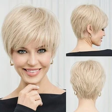 Elegant Blonde Pixie Cut Wig For Women - 10 Inch Short, Layered With Bangs