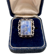 GENUINE LARGE BLUE MOONSTONE EXCL VINTAGE RING STERLING SILVER GORGEOUS ART DECO