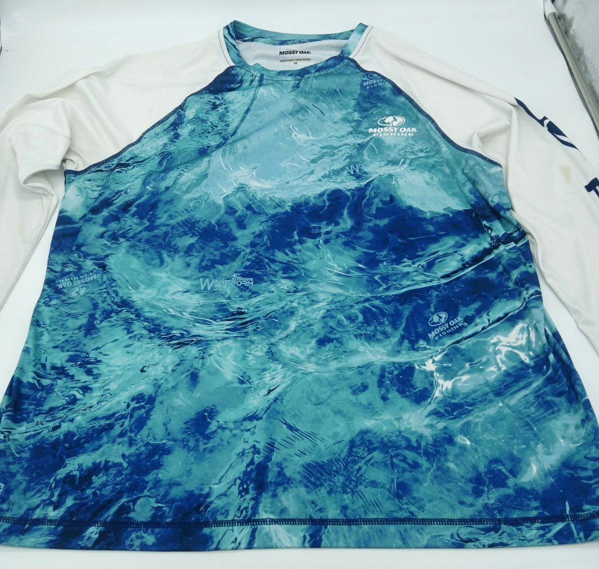 Mossy Oak Fishing Elements WakeForm Long Sleeve Blue and White Men's Shirt Sz L