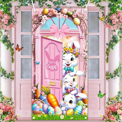 Happy Easter Door Cover Bunny Front Proch Door Sign Banner Spring Easter Party D