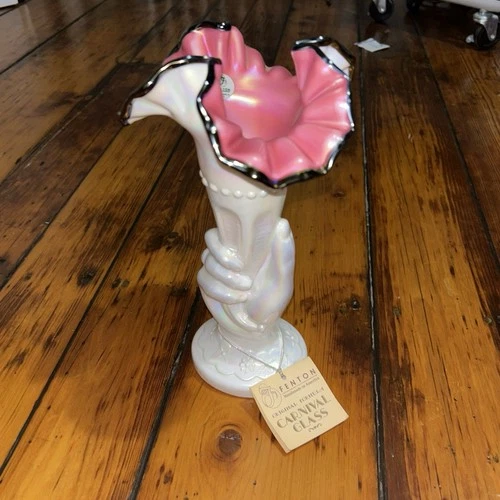 Vintage Fenton White Iridescent Carnival Glass Ruffled Vase Black Rose Hand