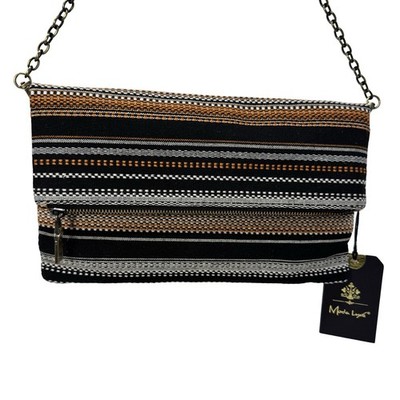 Moda Luxe Foldover Crossbody Clutch Black Yellow Stripe Woven Bag NWT 11x6.5
