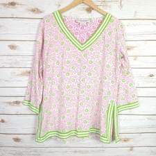 Gretchen Scott Designs Tunic Top Women Xlarge Pink Green Floral Pullover