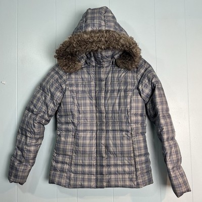 Columbia Puffer Jacket Women Small Plaid Blue Ski Coat Down Insulated Hood FLAWS