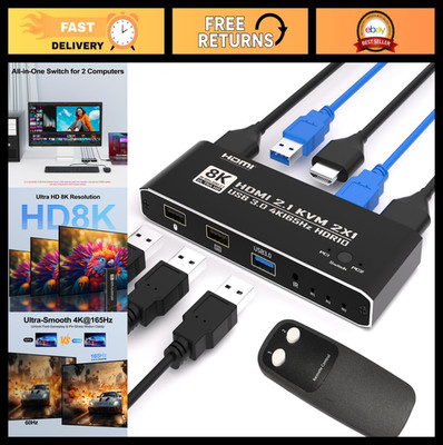 HDMI KVM Switch 2 Computers 1 Monitor, 8K@60Hz 4K@165Hz, USB 3.0 Hub, IR Remote