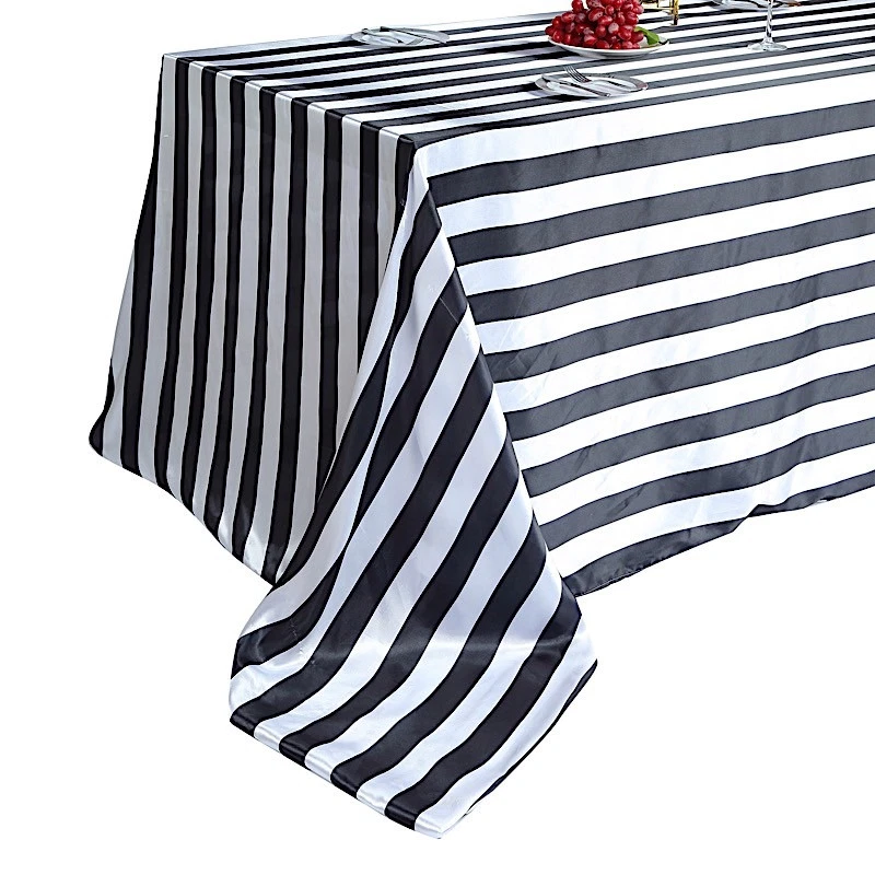 BLACK WHITE 90x156" Satin Stripes Rectangular Tablecloth Wedding Decorations - Image 2 of 4