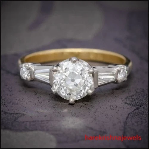 2.50 Ct Round Lab-Created Diamond Ring Vintage Baguette Accent 14K Gold Over
