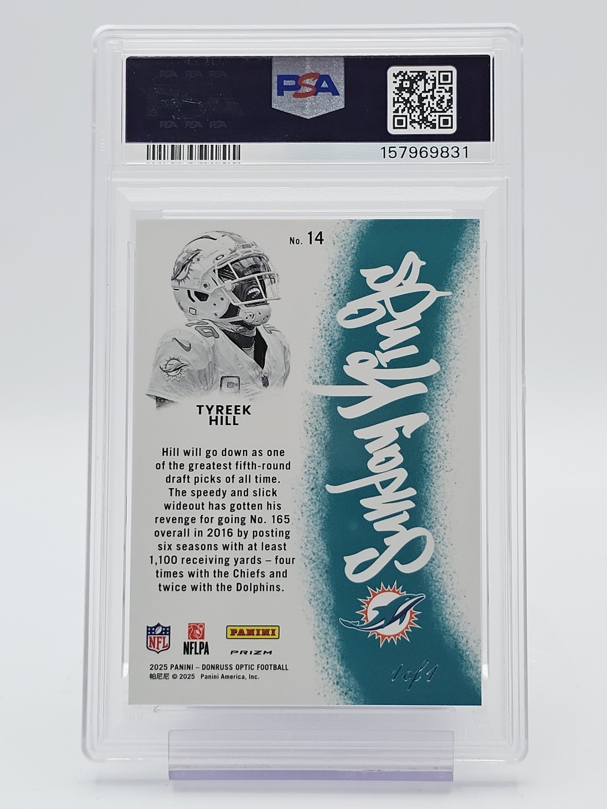 TYREEK HILL 2025 DONRUSS OPTIC SUNDAY KINGS WHITE SPARKLE 1/1 #14 PSA 10 Q1691 view 2