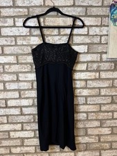 Vtg Black Beaded Silk Wool Cocktail Dress Women's Sz 6 Ellen Tracy Linda Allard