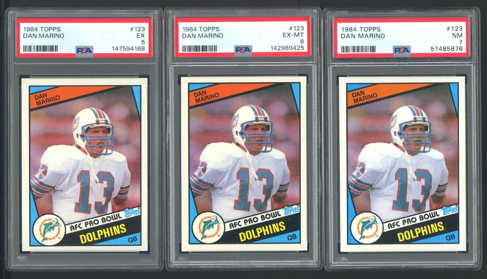 Lot (9) 1984 Topps Football #123 Dan Marino RC Rookie HOF PSA SEQUENTIAL GRADES view 4