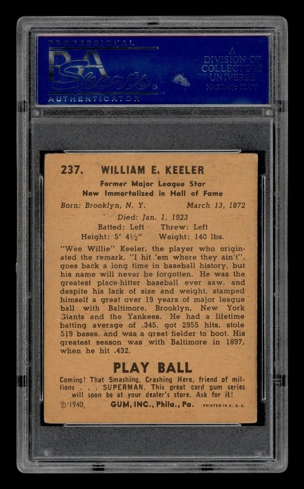 1940 Play Ball Set-Break #237 Wee Willie Keeler PSA 4 VG-EX - Image 2 of 3