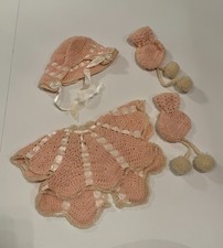 Vintage Crochet Knitted Baby Layette Sweater, Bonnet, Booties 1960s Peach