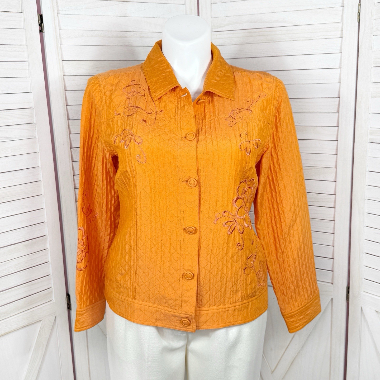 Chico’s Jacket Large 2 Orange Boho Embroidered Qu… - image 1
