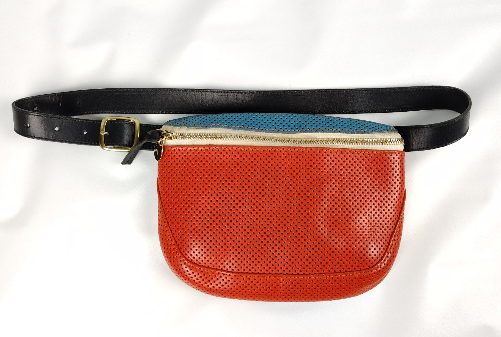Clare V. Fanny Pack Perforate Belted Bag Poppy Red & Blue Black Belt