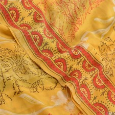 Sanskriti Vintage Saree Yellow Pure Crepe Floral Printed Sari 5 Yd Craft Fabric