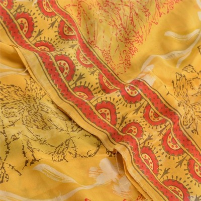 Sanskriti Vintage Saree Yellow Pure Crepe Floral Printed Sari 5+Yd Craft Fabric