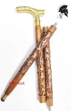 Antique Hand Carved Wooden Walking Stick Cane Solid Brass Handle Vintage Gift