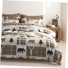 - Rustic Duvet Cover Set, Cabin Christmas Lodge Western Queen Taupe Brown