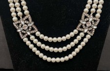 Three-Strand Faux Pearl Necklace with Rhinestone Floral Accents
