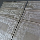 Set of 6 Vintage PLACEMATS Satin Damask FEATHERS Hand Hemstitched Creamy Beige — photo 1