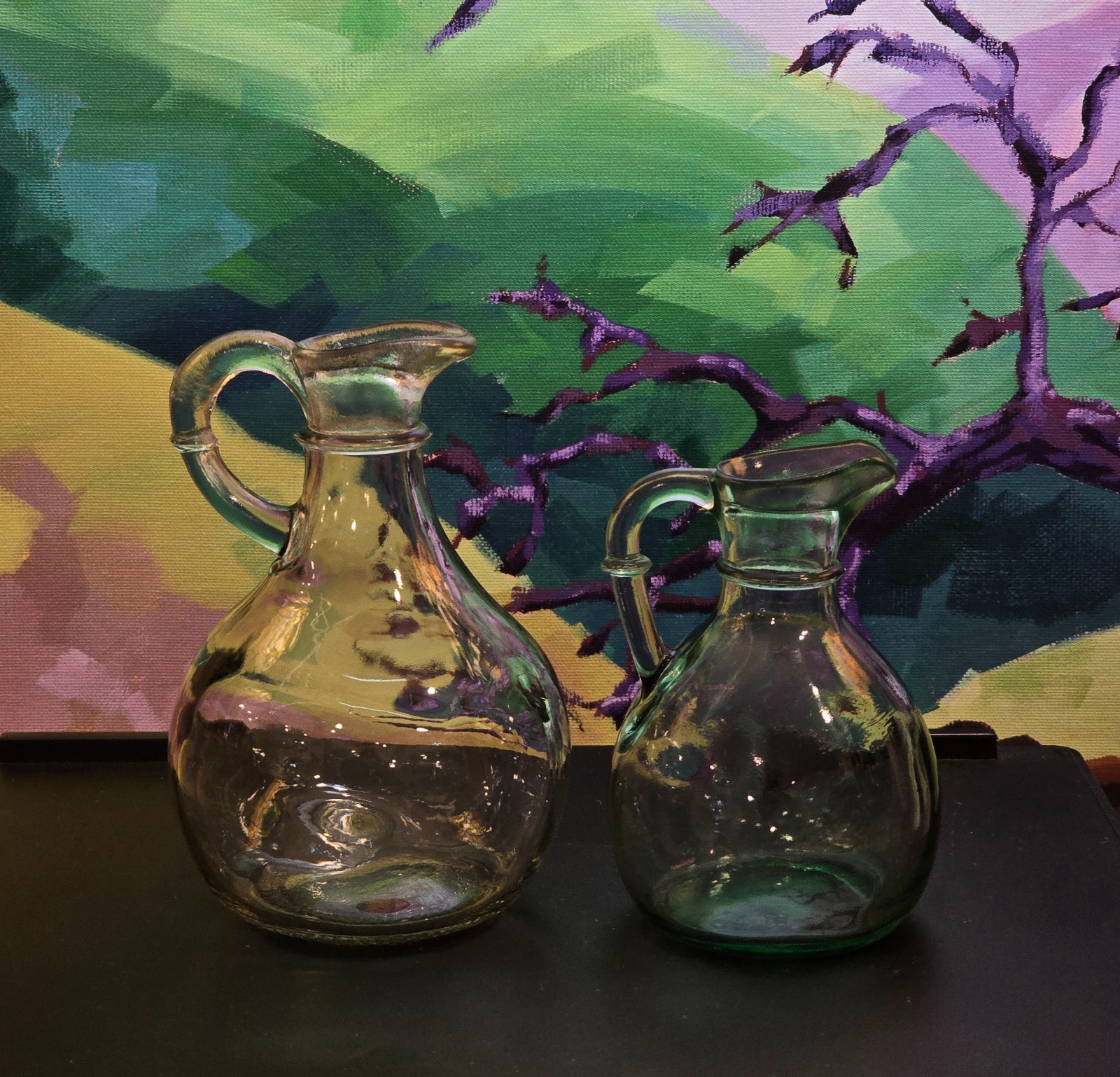 Pre-owned Pair of Vintage Clear & green Glass Oil Vinegar Cruets. 5.5