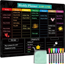 Weekly Dry Erase Board for Fridge 16"x12" Black Magnetic w/7 Markers Eraser