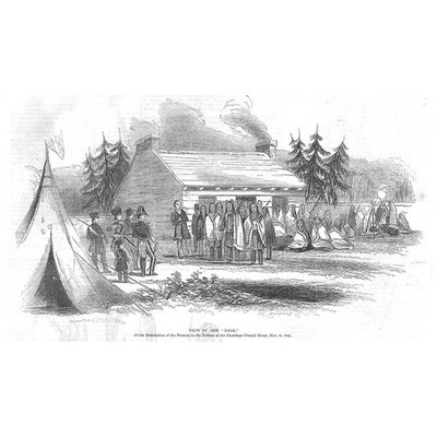 Kanada Geschenke an Indianer im Onondaga Council House geschenkt - antiker Druck 1847