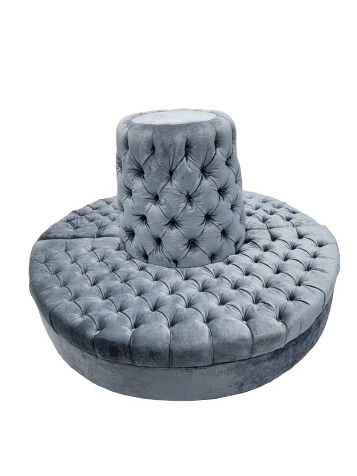 Vintage Round Banquet Settee Tufted Lobby Sofa Newly Reupholstered in Blue Velve - Image 2 of 4