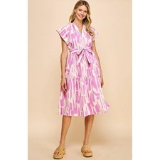 Pinch Pink White Print Midi Dress Belted Tiered V Neck Cap Sleeve Womens
