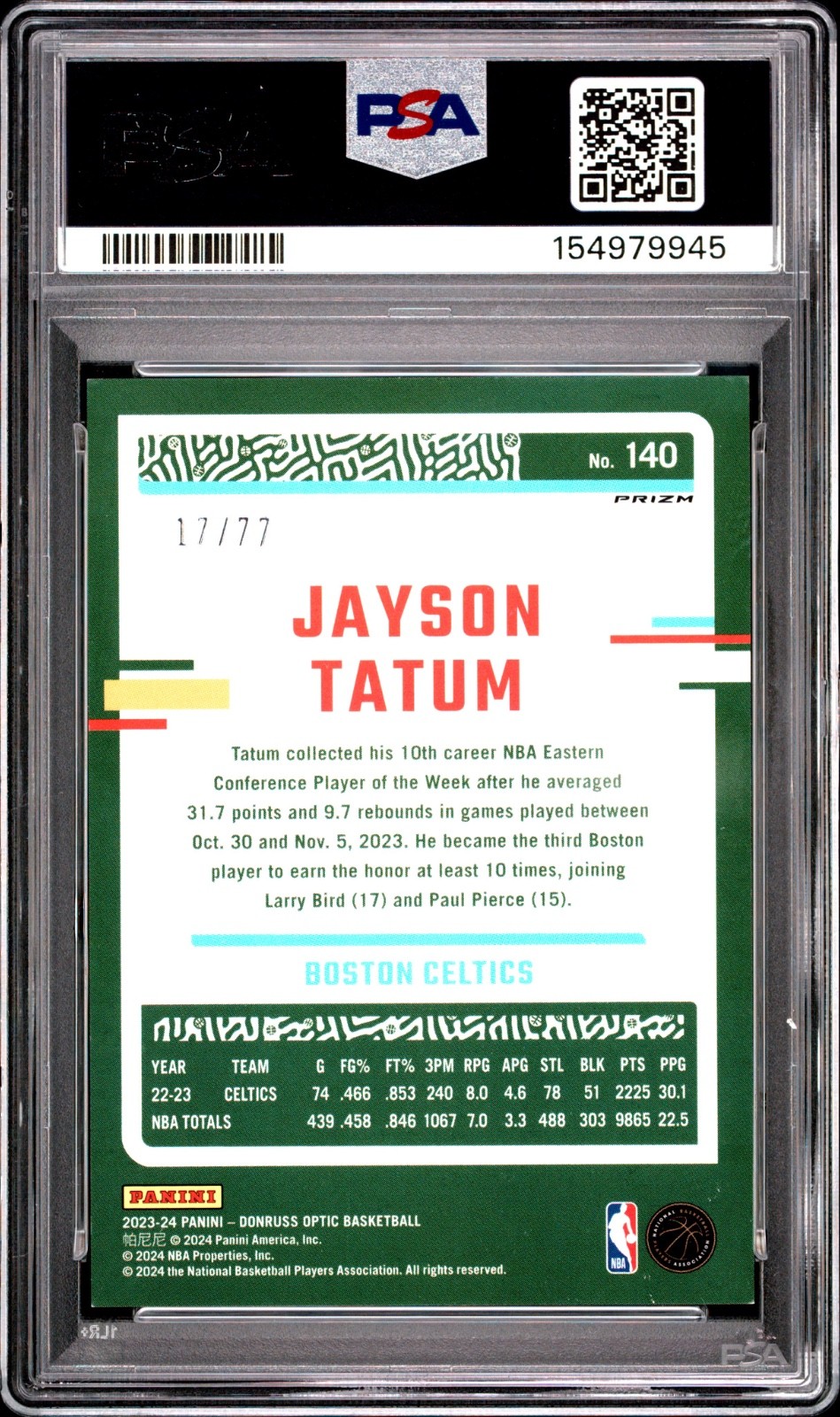 2023-24 Donruss Optic Jayson Tatum Green Glitter /77 #140 PSA 9 view 2