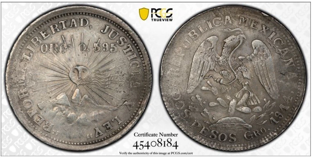 1914年 2ペソ 銀貨 金銀混同 ゲレーロ州 火山 太陽 メキシコ革命の銀貨