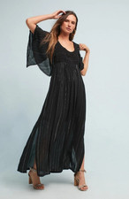 FARM RIO Black Luiza Maxi Dress Crochet Lace Pleated Boho Flutter Sleeve Size S