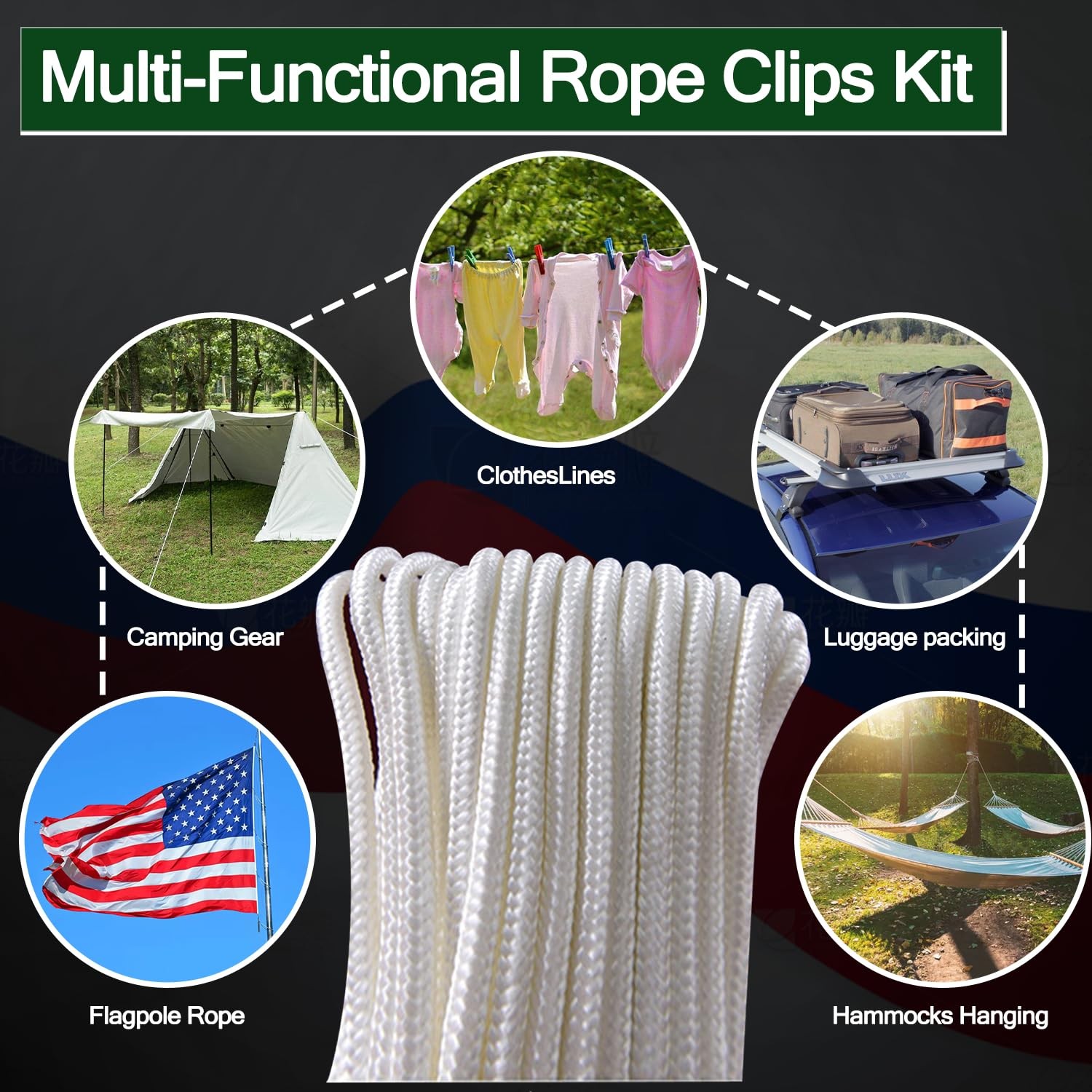 Upgraded Flag Pole Rope Clips Kit 100Ft5/16â€ Flag Halyard Rope with Sturdy ...