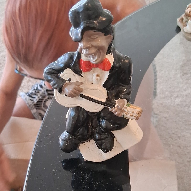 Hand Painted Ceramic Guitarist Musician Figurine Black White Red Beige