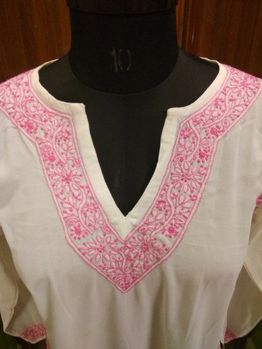 SHIRT XS 37" HANDMADE SOFT GEORGETTE KURTI ETHNIC CHIKAN EMBROIDERY TOP KURTA - Picture 2 of 6