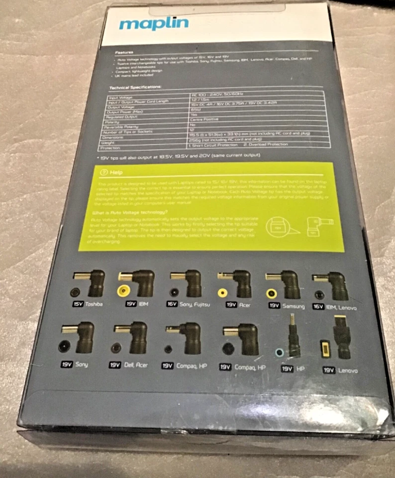 Maplin 65W Universal Auto Voltage Laptop Power Supply with 12 Adaptor Heads - Image 2 of 2