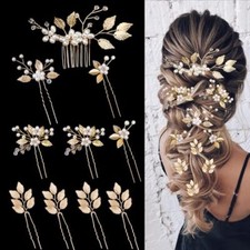 10PCS Gold Leaf Wedding Hair Pins Rhinestone Pearl Hair Jewelry Accessories