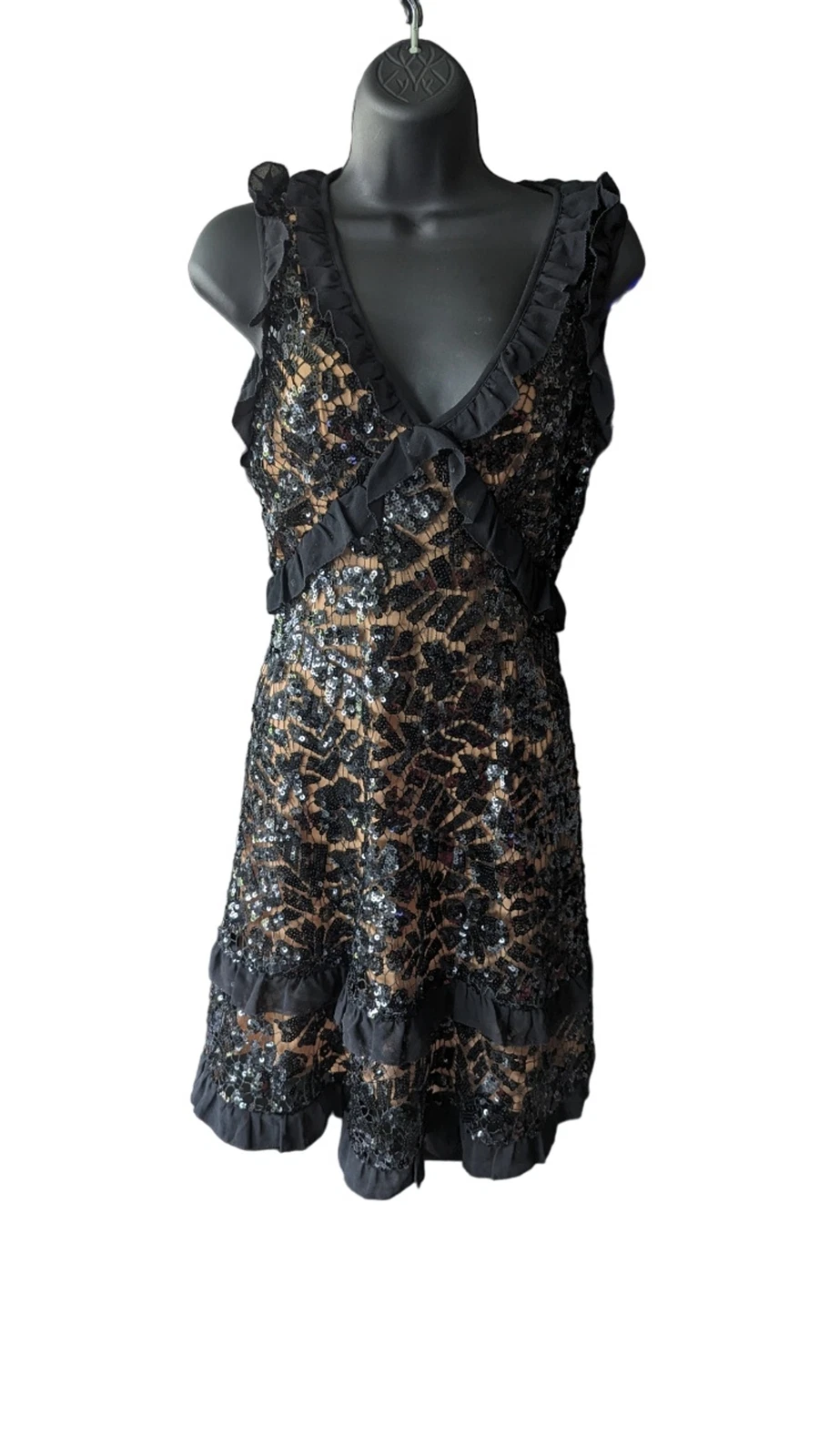 Abito Michael Kors in pizzo con paillettes e volant S nero