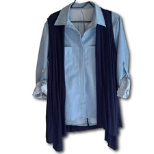 Woman’s Collard Button Up With Flowing Vest Rolled Up Sleeves Blue X-Large