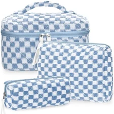 3Pcs Quilted Makeup Bag Set Large Checkered Knitted Cosmetic Bags Cute Coquet...