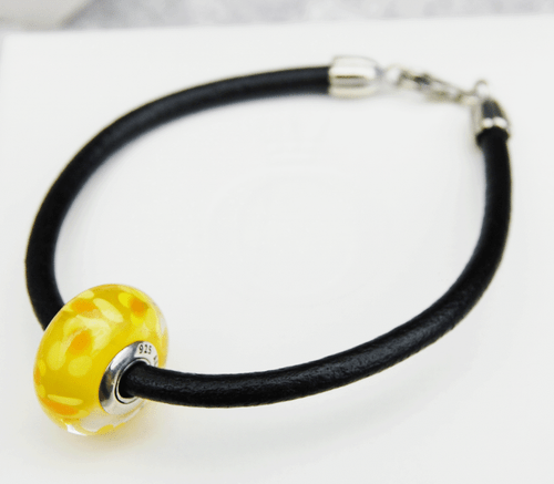 Gen. Pandora black Leather Bracelet w. oversized yellow Murano 590707-M retired - Picture 4 of 4