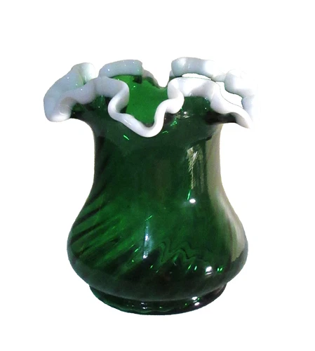 Vtg Fenton Vase Green Spiral Optic Snow Crest Ruffle Rim 5" Tall Art Glass 1950s