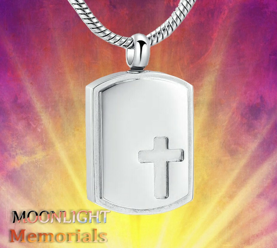 New Cross Embossed Dog Tag Cremation Urn Keepsake Ashes Silver Memorial  Necklace