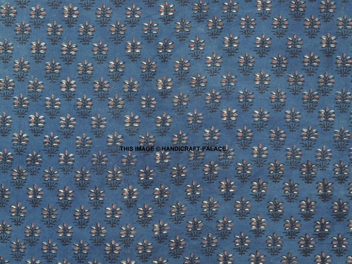 Indian Ajrakh Blue Floral Hand Block Print Running Cotton Voile Fabric 5/10 Yard - Picture 3 of 3