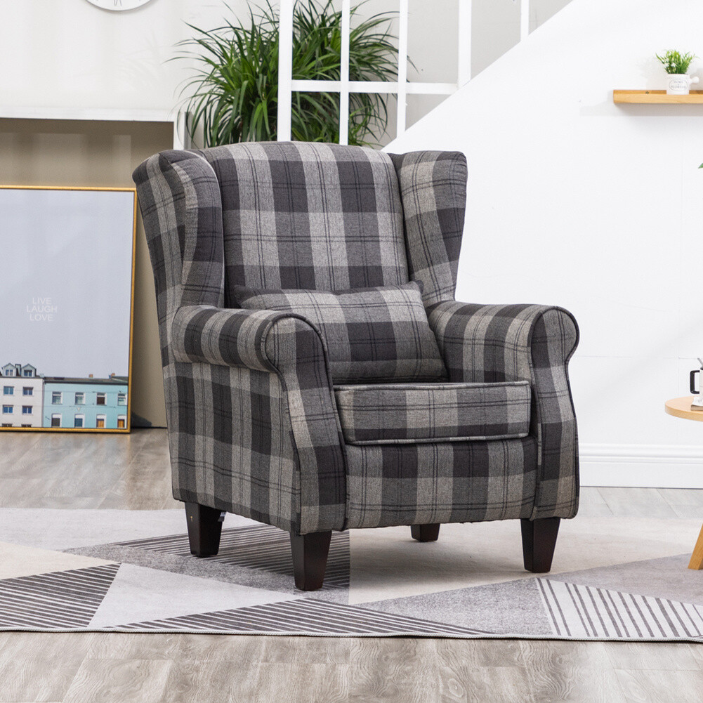 Fabric Wingback Tartan Check Armchair Chesterfield Winged Chair