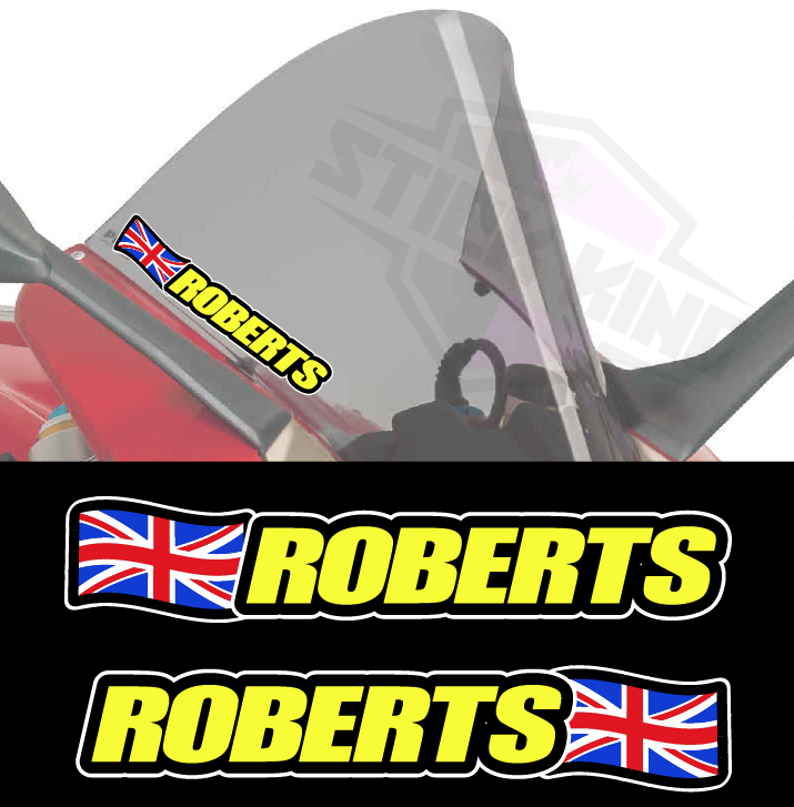 2 X Personalised Rider Name Screen Stickers Race Motorcycles UNION