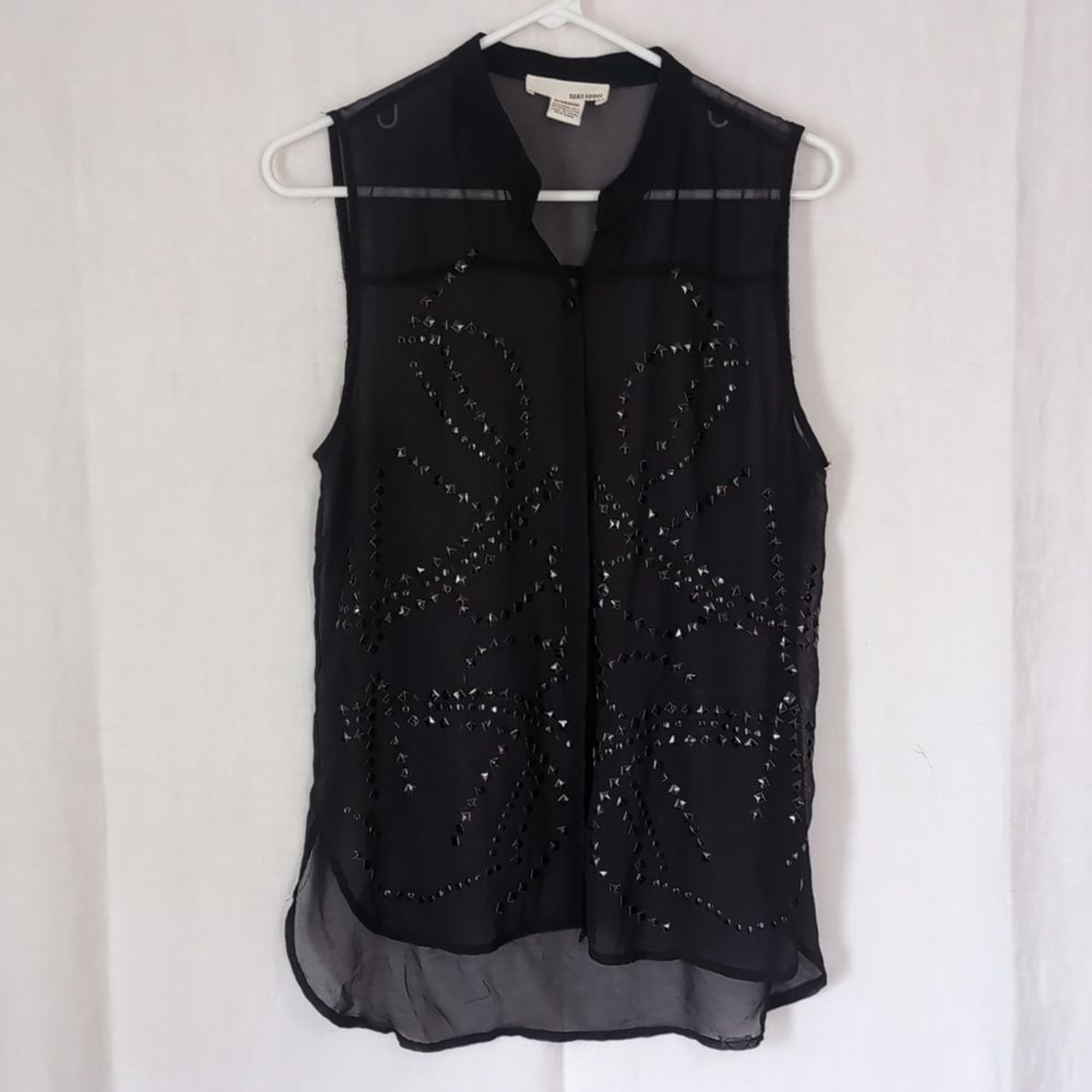 Sans Souci Sheer Black Studded Sleeveless Button Up Blouse Size M  