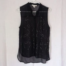 Sans Souci Sheer Black Studded Sleeveless Button Up Size Medium