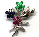 Sapphire, Emerald & Diamond Pendant/Pin Exquisite 14K Solid White Gold, Ruby,